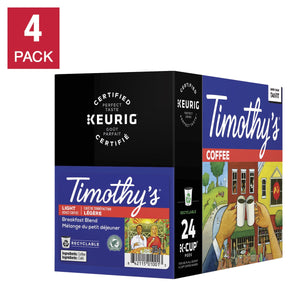 Timothy’s World Coffee Breakfast Blend Mild Roast Coffee, 4 x 24 K-Cup Pods